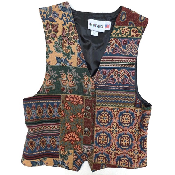 On The Verge Jackets & Blazers - On The Verge Vest Womens Large Multicolor Tapestry Patchwork Button Lined USA